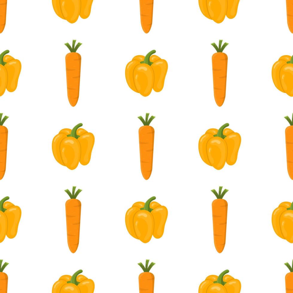 Seamless pattern with fresh carrot and bell pepper vegetables. Organic food. Cartoon style. Vector illustration for design, web, wrapping paper, fabric, wallpaper.