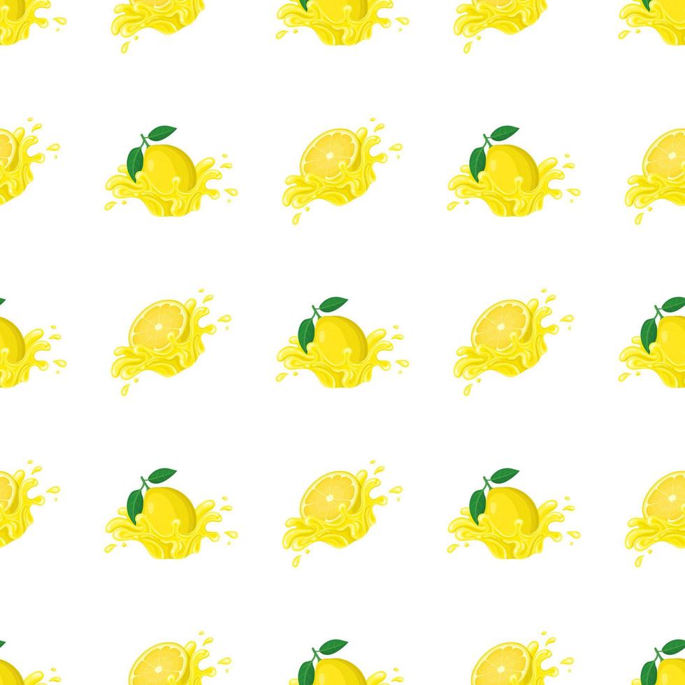 Seamless pattern with fresh bright lemon juice splash burst isolated on white background. Summer fruit juice. Cartoon style. Vector illustration for any design.