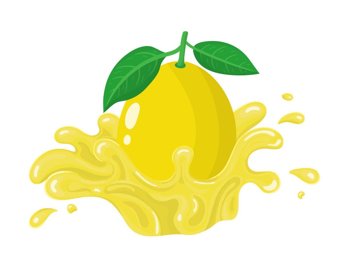 Yellow fresh lemon with juice splash isolated on white background. Sweet food. Organic fruit. Vector illustration for any design.