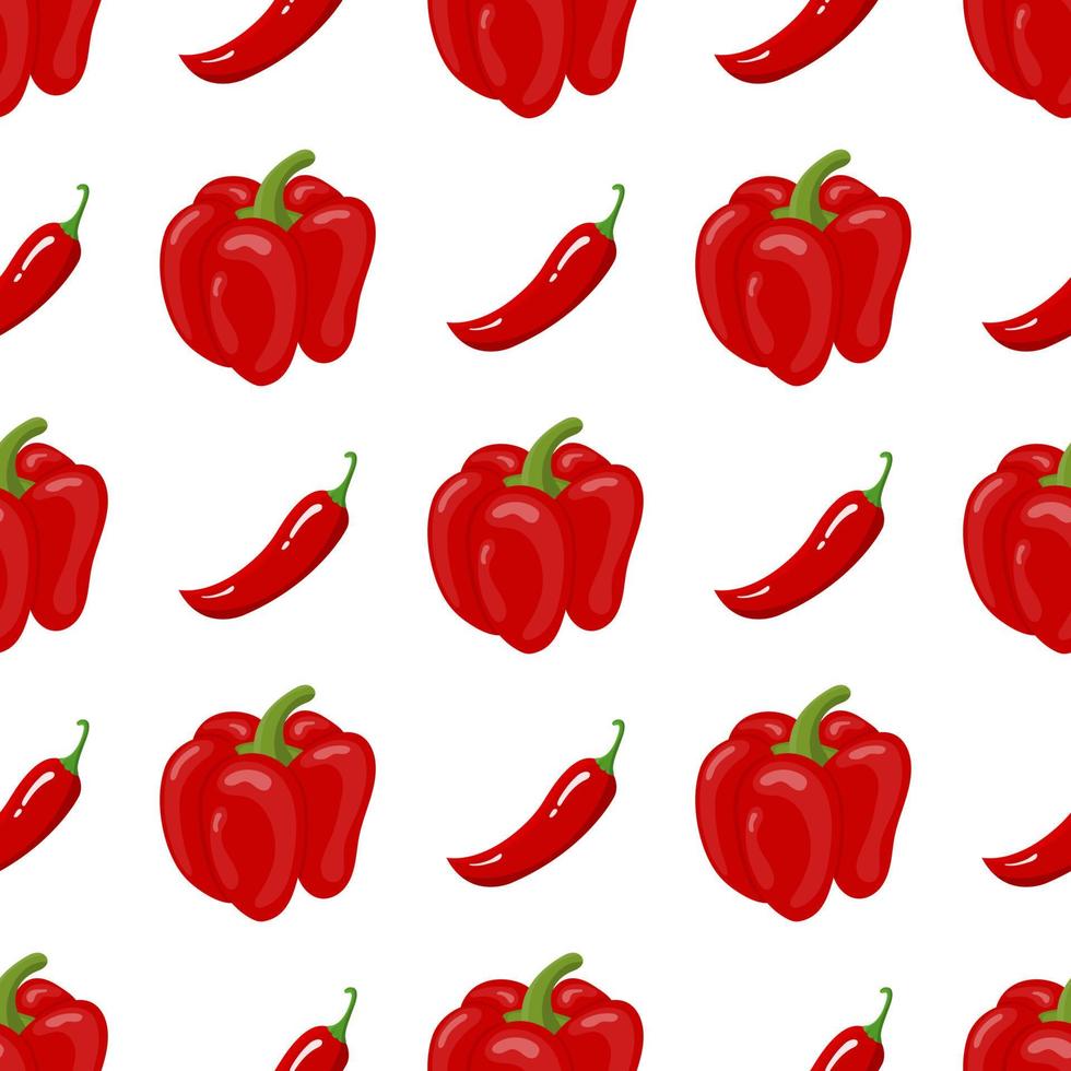 Seamless pattern with fresh bell pepper and chilli pepper vegetables. Organic food. Cartoon style. Vector illustration for design, web, wrapping paper, fabric, wallpaper.