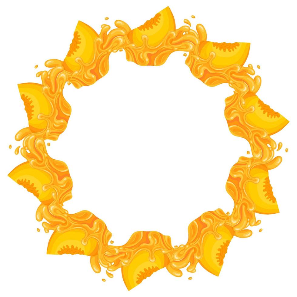 corona de salpicaduras de jugo de fruta de melocotón brillante con espacio para texto. comida dulce orgánica de dibujos animados. frutas de verano para un estilo de vida saludable. ilustración vectorial para cualquier diseño. vector