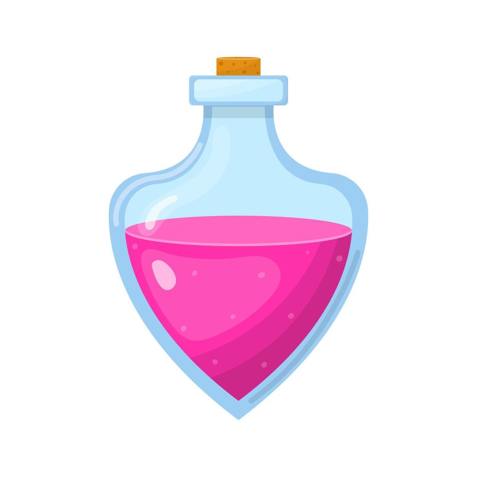 Magic potion in bottle with pink liquid isolated on white background. Cartoon fairy elixir. Vector illustration for any design.