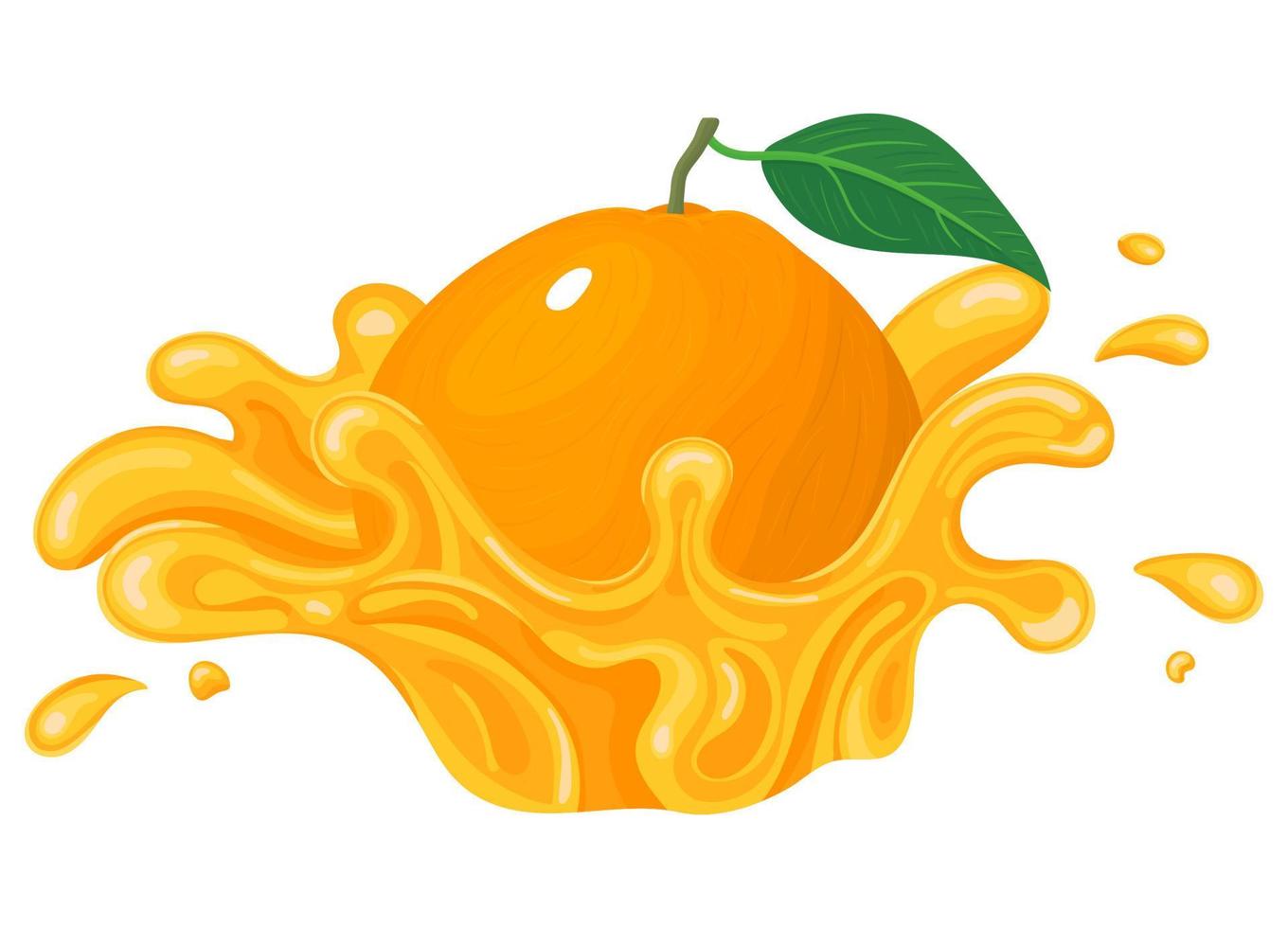 Fresh bright orange, mandarin or tagerine juice splash burst isolated on white background. Summer fruit juice. Cartoon style. Vector illustration for any design.