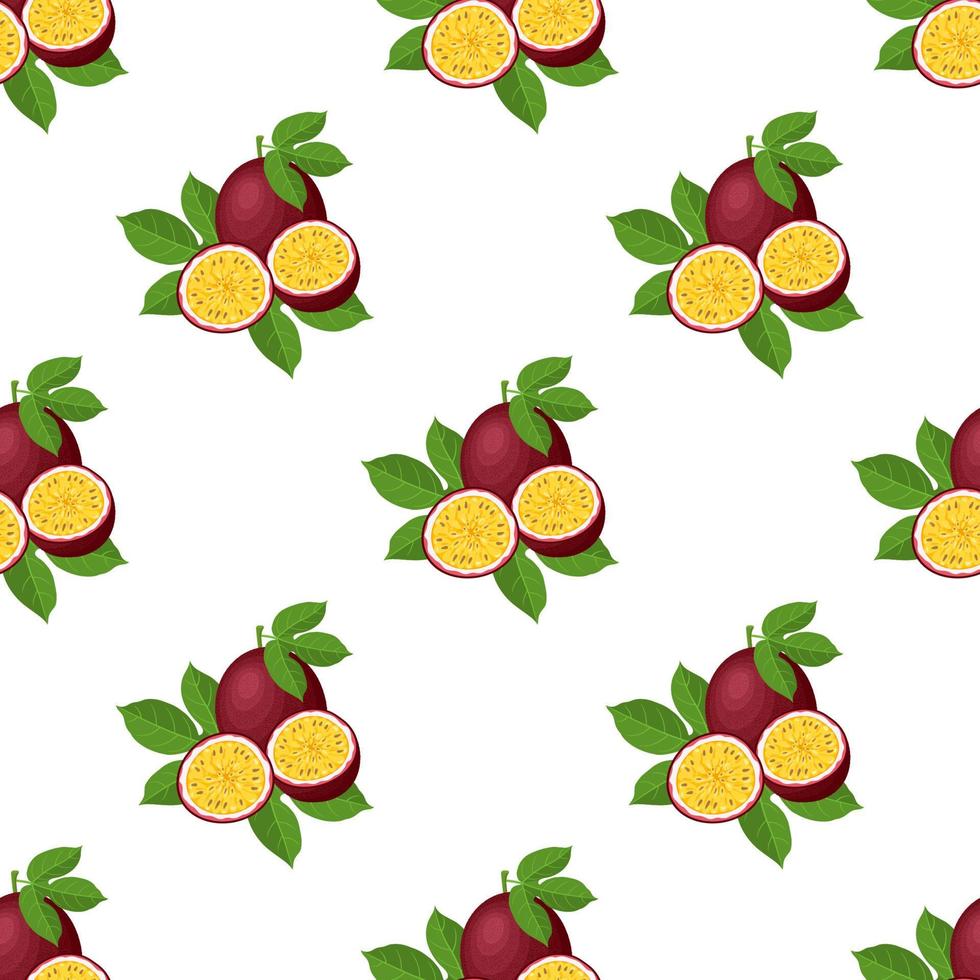 Seamless pattern with fresh bright exotic whole and cut slice passion fruit on white background. Summer fruits for healthy lifestyle. Organic fruit. Cartoon style. Vector illustration for any design.