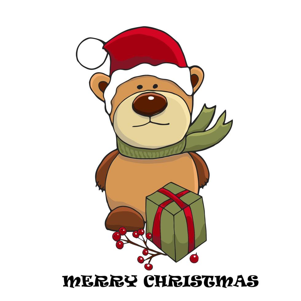Christmas and New Year cute character. Vector illustration of Teddy bear in a green scarf and Santa hat. Greeting card