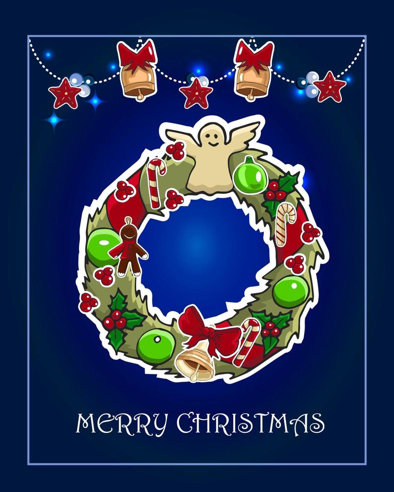 Holiday new year and christmas vector card. Christmas wreath on the deep blue background. Text Merry Christmas.