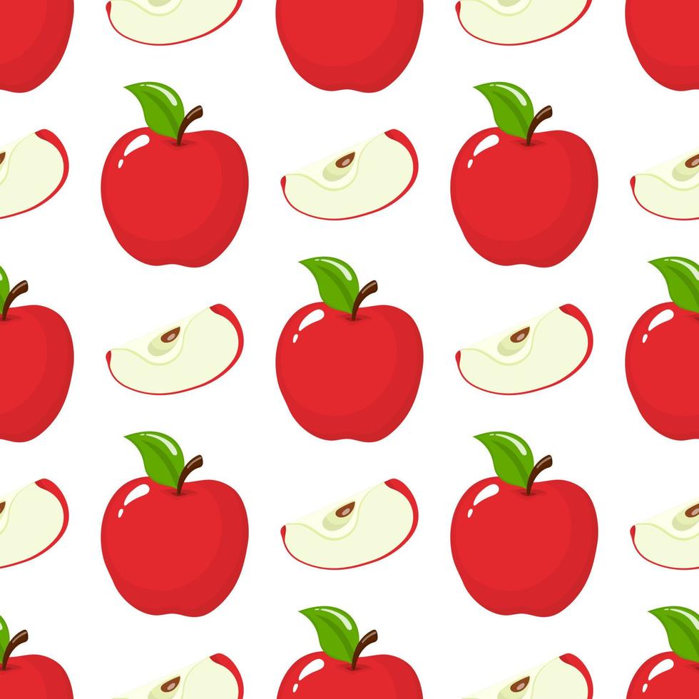Seamless pattern with red whole and slice apples on white background. Organic fruit. Cartoon style. Vector illustration for design, web, wrapping paper, fabric, wallpaper.