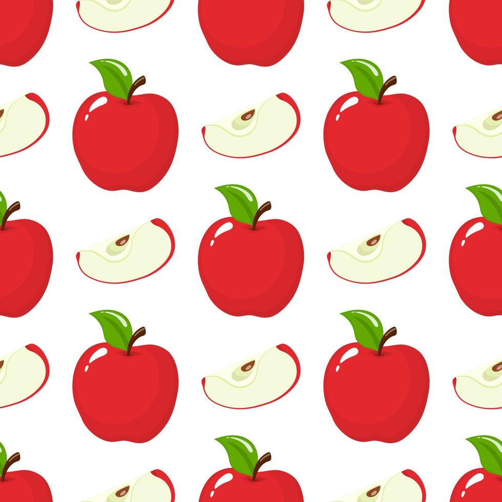 patrón sin costuras con manzanas rojas enteras y rebanadas sobre fondo blanco. fruta organica estilo de dibujos animados ilustración vectorial para diseño, web, papel de envolver, tela, papel tapiz. vector