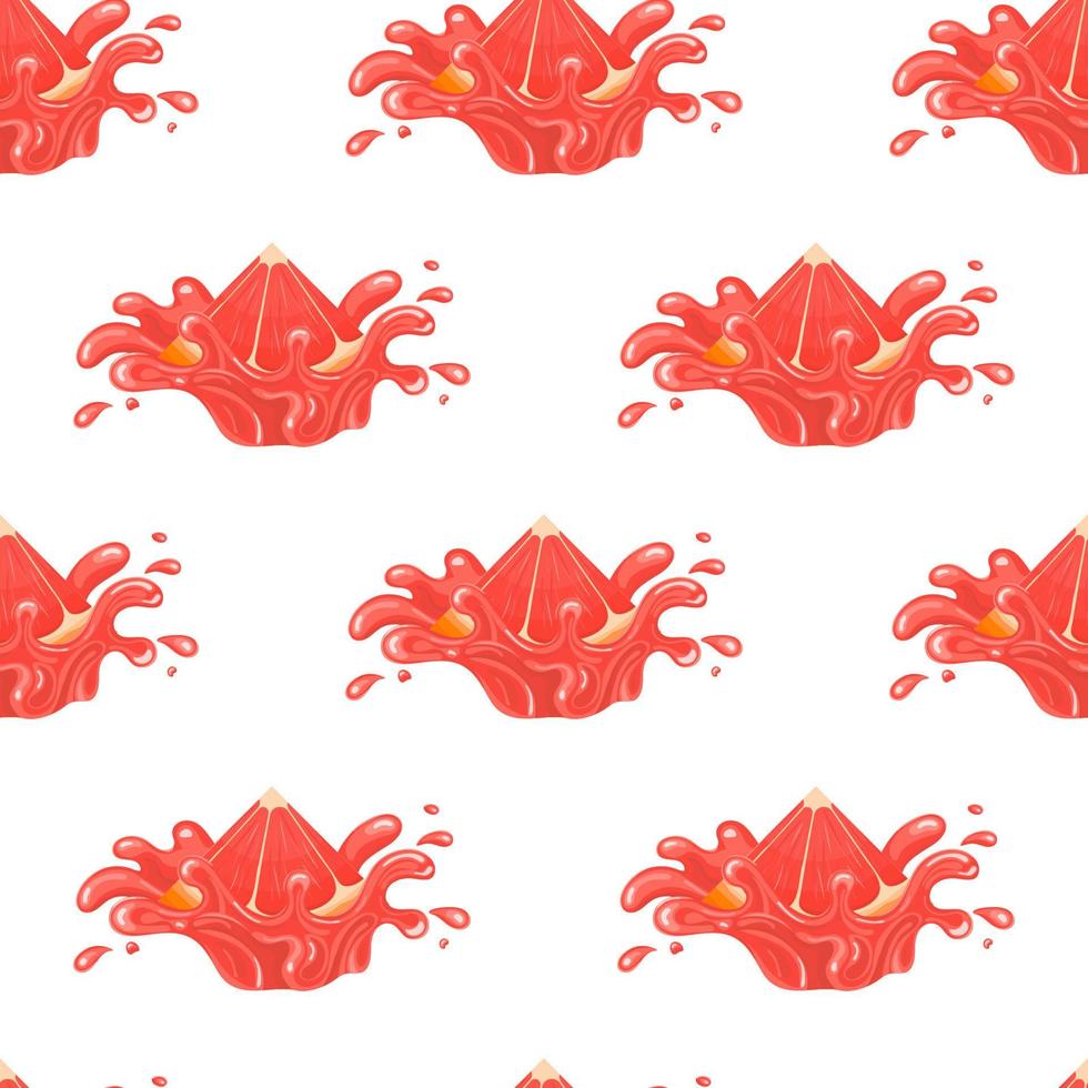 Seamless pattern with fresh bright grapefruit juice splash burst isolated on white background. Summer fruit juice. Cartoon style. Vector illustration for any design.