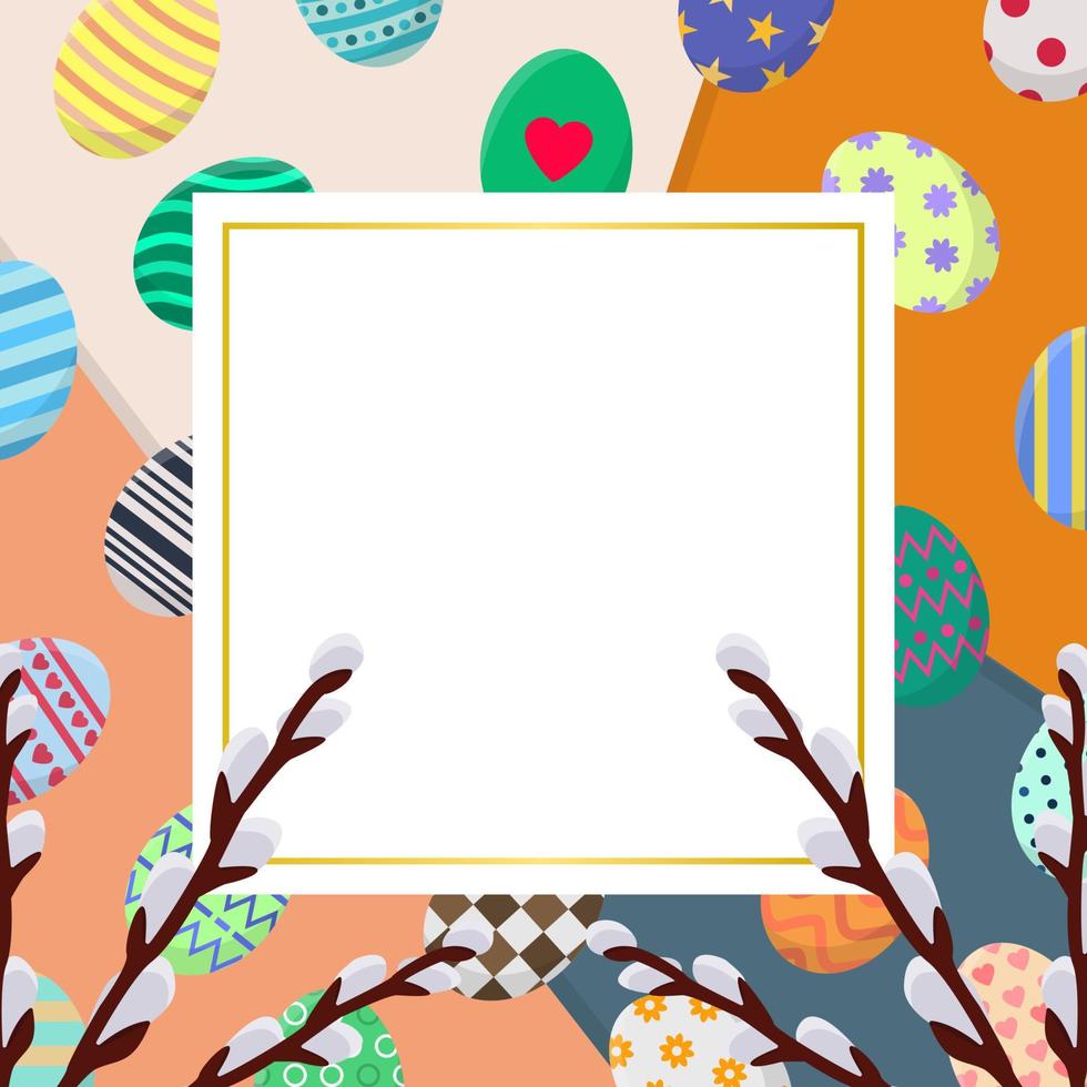 Template of Easter Card with Colorful Eggs on Overlap Background. Greeting or Invitation Template with Space for Text. Vector illustration for Your Design, Web, Print.
