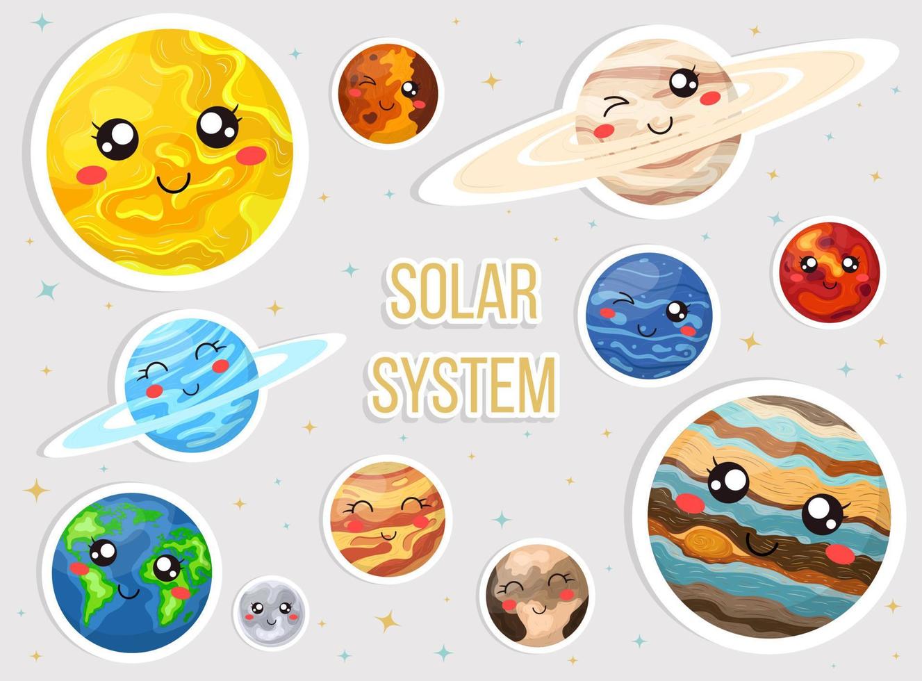 sistema solar con lindos planetas de dibujos animados. lindos planetas con juego de pegatinas de caras graciosas. ilustración vectorial para cualquier diseño. vector