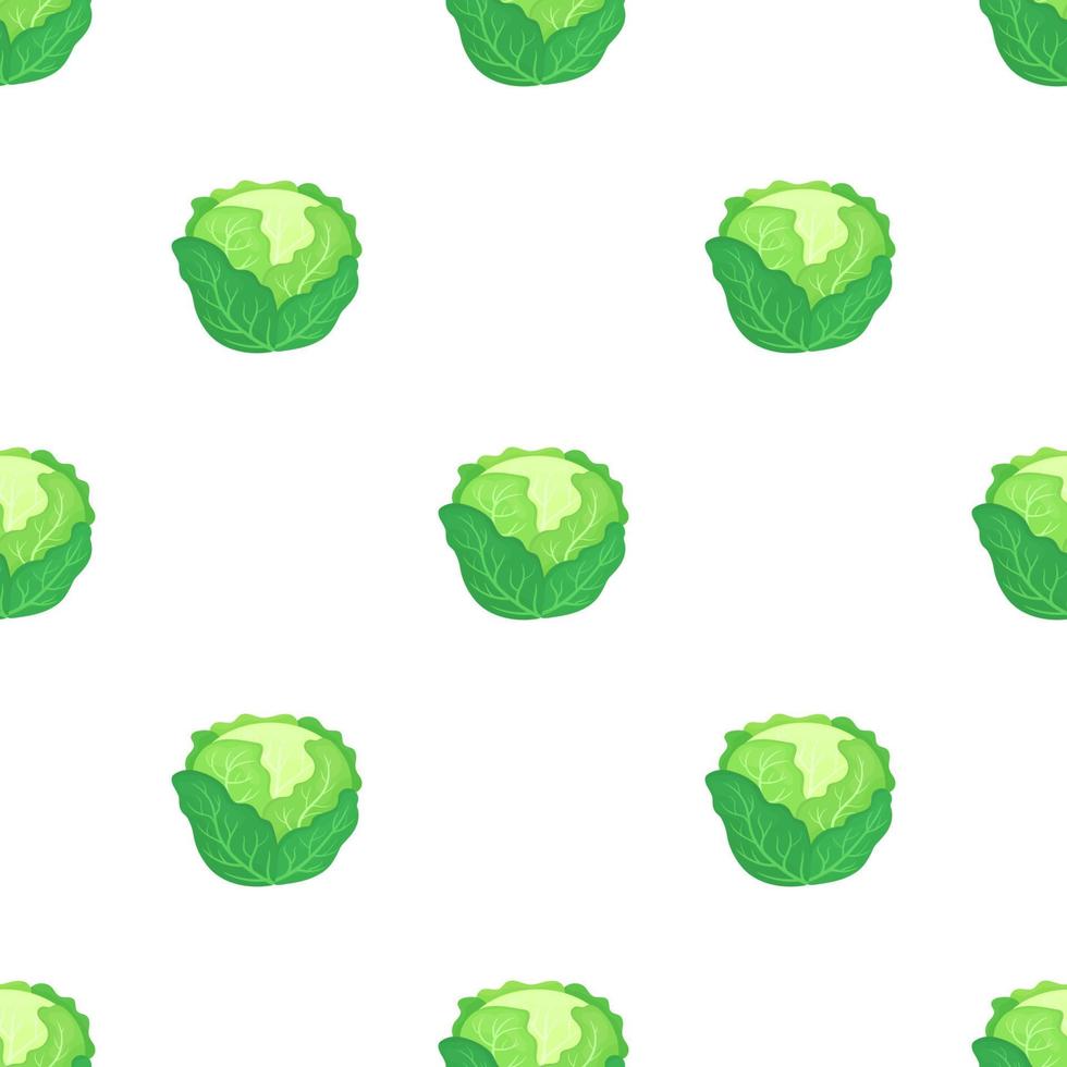 Seamless pattern with fresh green cabbage isolated on white background. Organic food. Cartoon style. Vector illustration for design, web, wrapping paper, fabric, wallpaper.