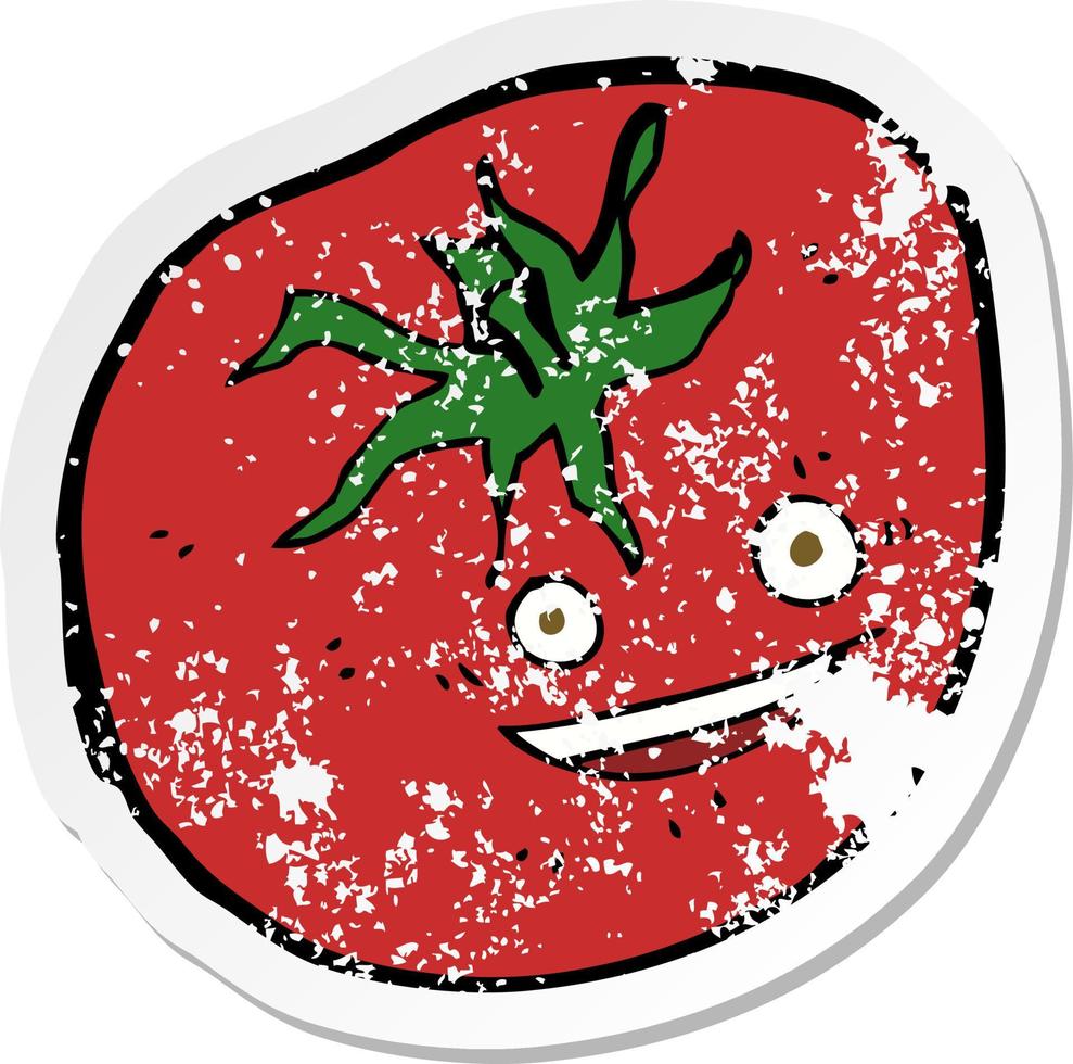 retro distressed sticker of a cartoon happy tomato vector
