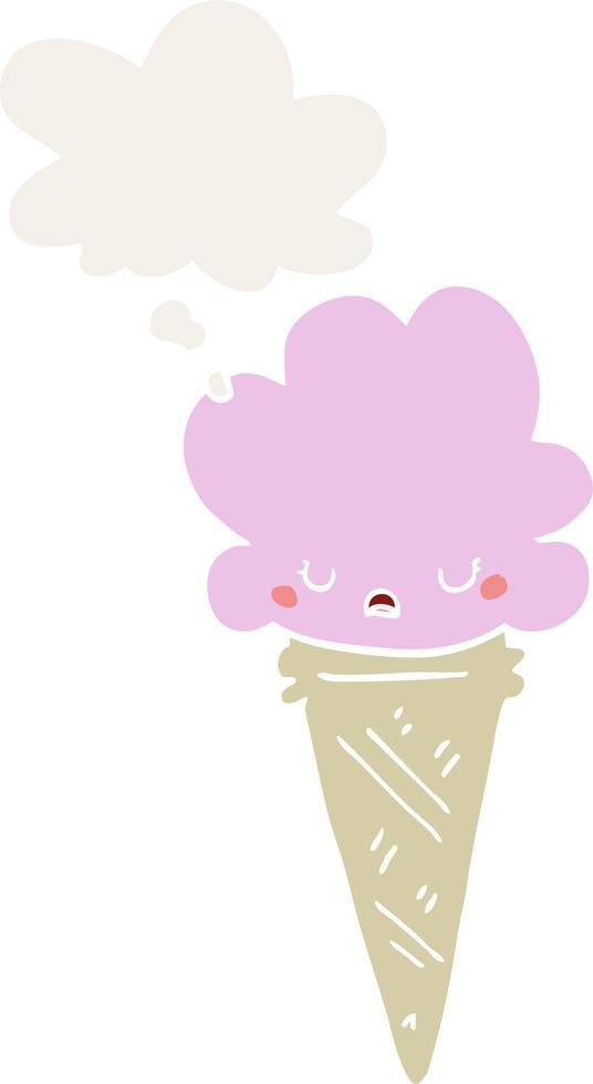 cartoon ice cream with face and thought bubble in retro style vector