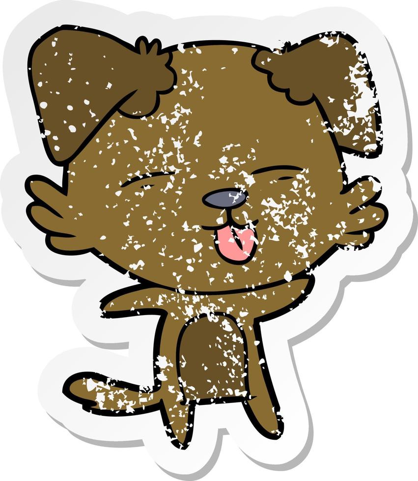 distressed sticker of a cartoon dog sticking out tongue vector