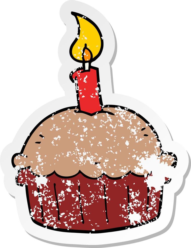 distressed sticker of a cartoon birthday cupcake vector