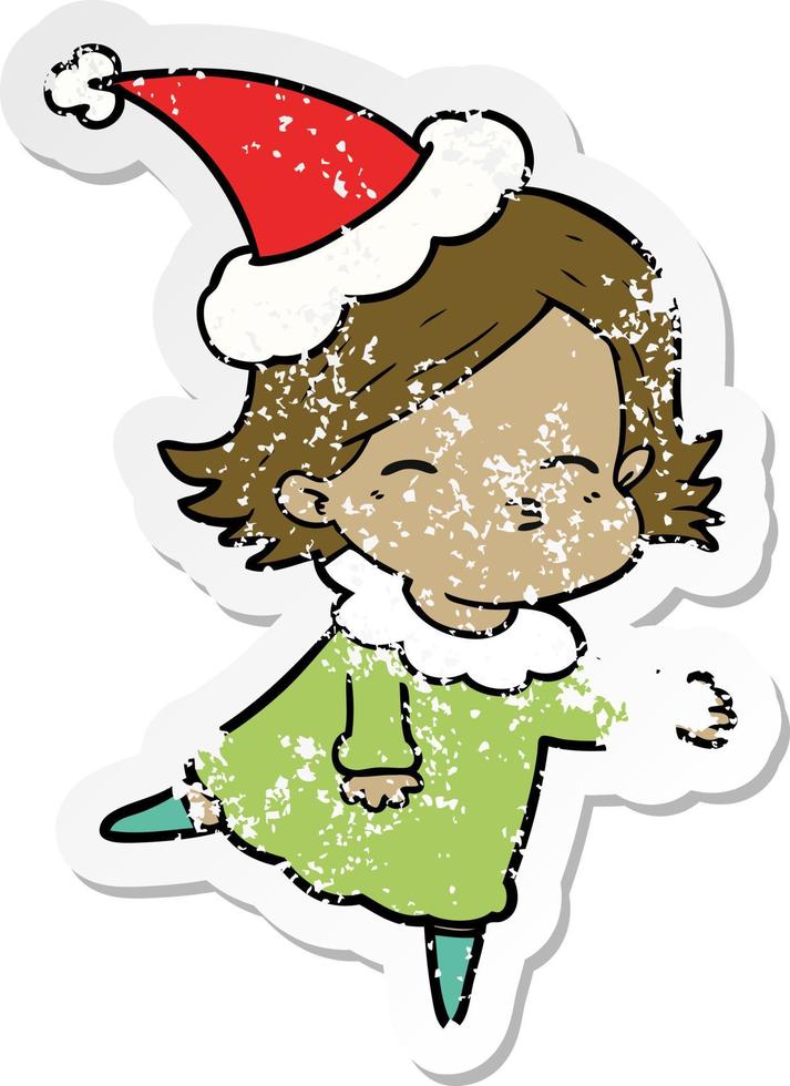 distressed sticker cartoon of a woman wearing santa hat vector