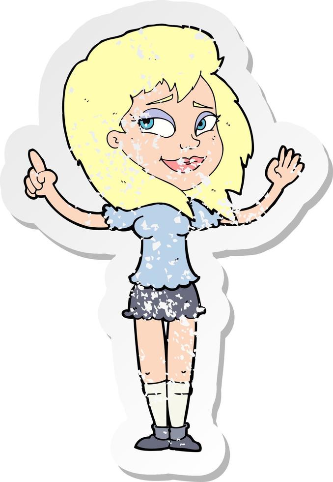 retro distressed sticker of a cartoon woman with idea vector