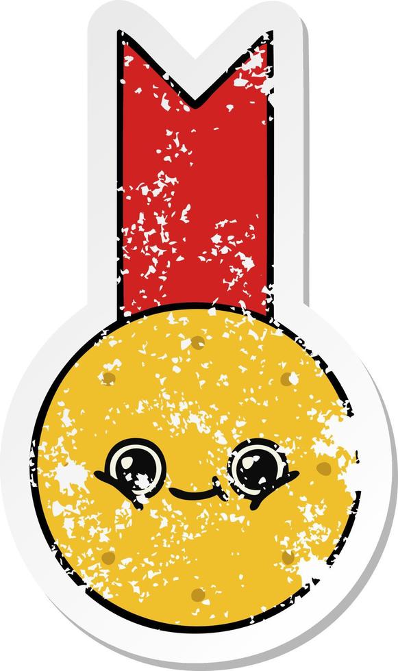 distressed sticker of a cute cartoon gold medal vector