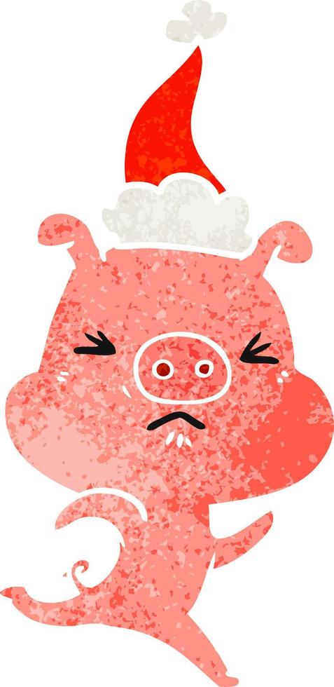 retro cartoon of a annoyed pig running wearing santa hat vector