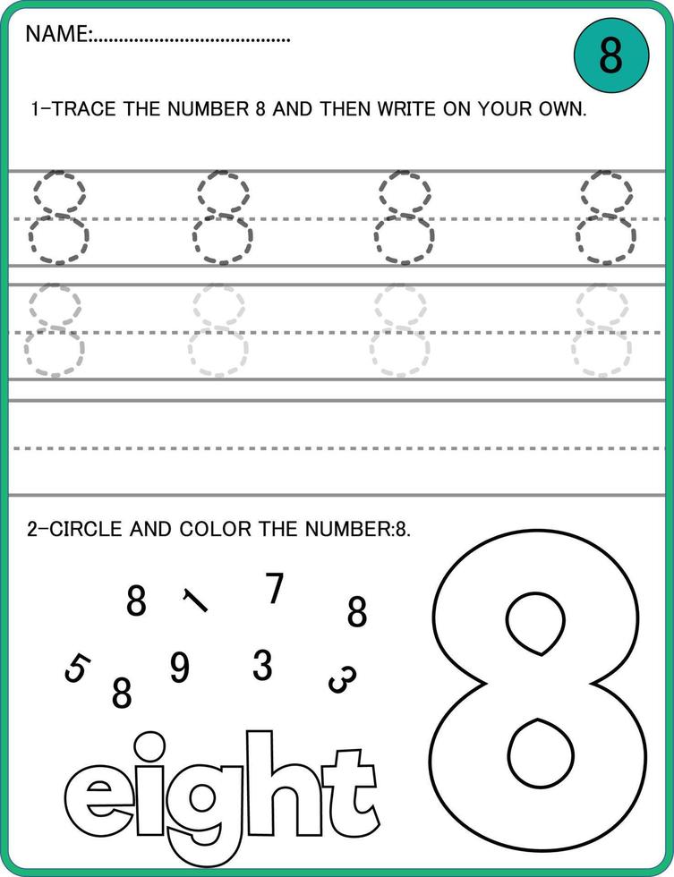 Tracing numbers activity. Trace the number 8 Educational children game, printable worksheet vector