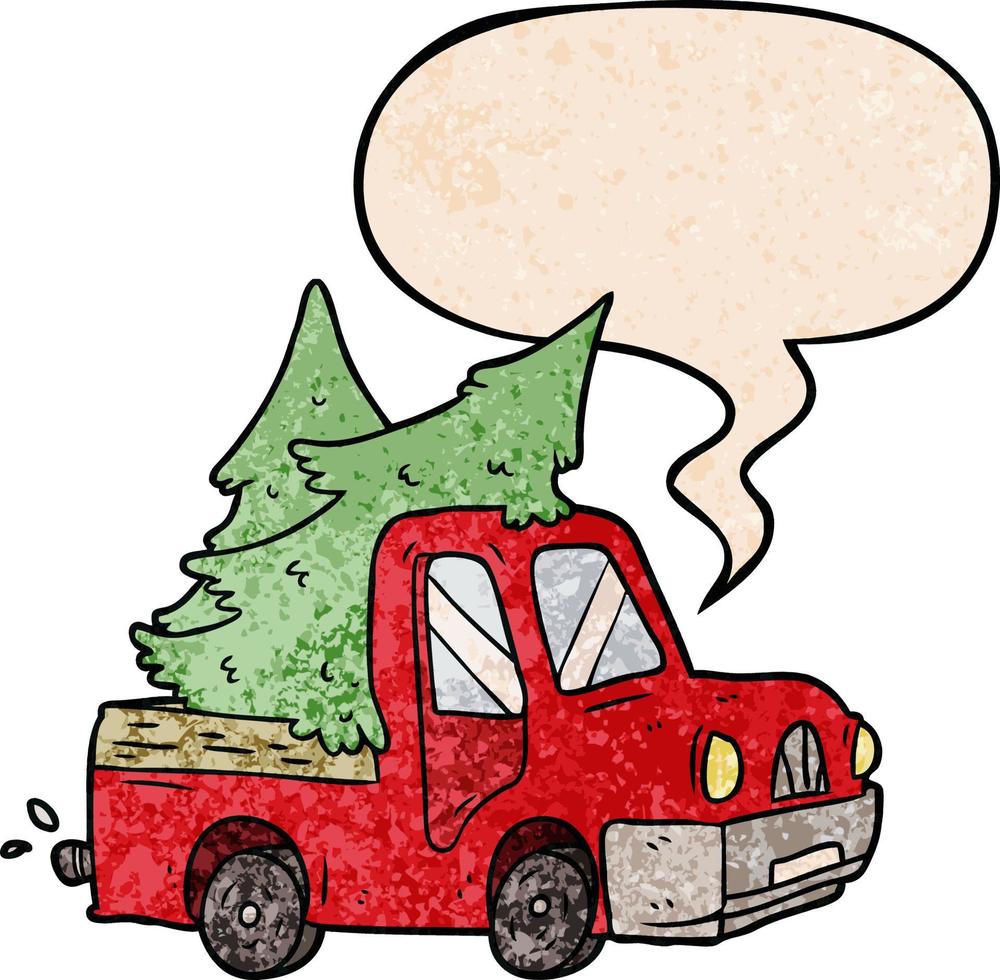 cartoon pickup truck carrying christmas trees and speech bubble in retro texture style vector