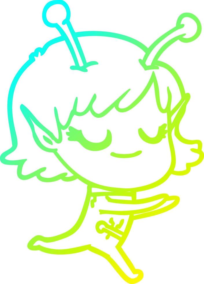cold gradient line drawing smiling alien girl cartoon running vector