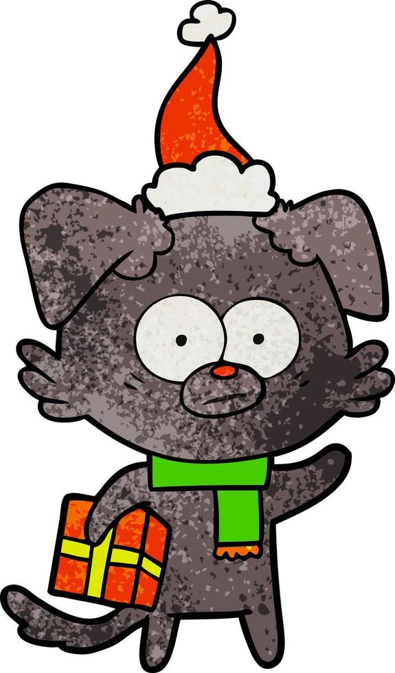 nervous dog textured cartoon of a with gift wearing santa hat vector