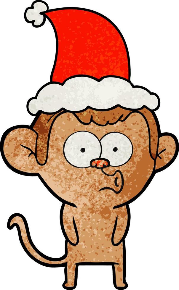 textured cartoon of a hooting monkey wearing santa hat vector