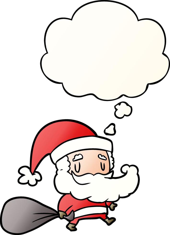 cartoon santa claus with sack and thought bubble in smooth gradient style vector