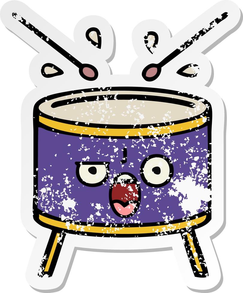 distressed sticker of a cute cartoon drum vector