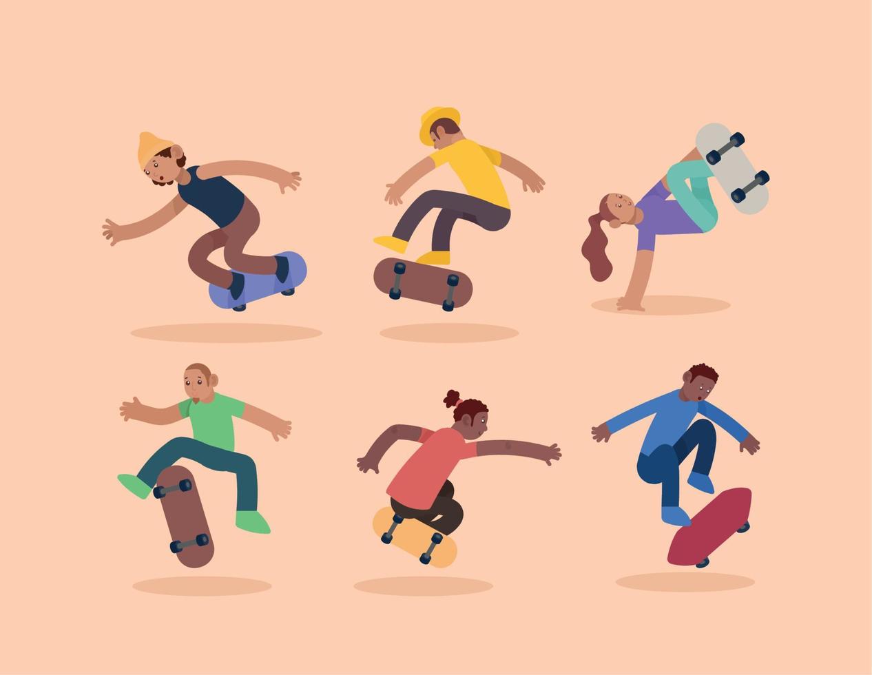 six skateboarders sport characters vector