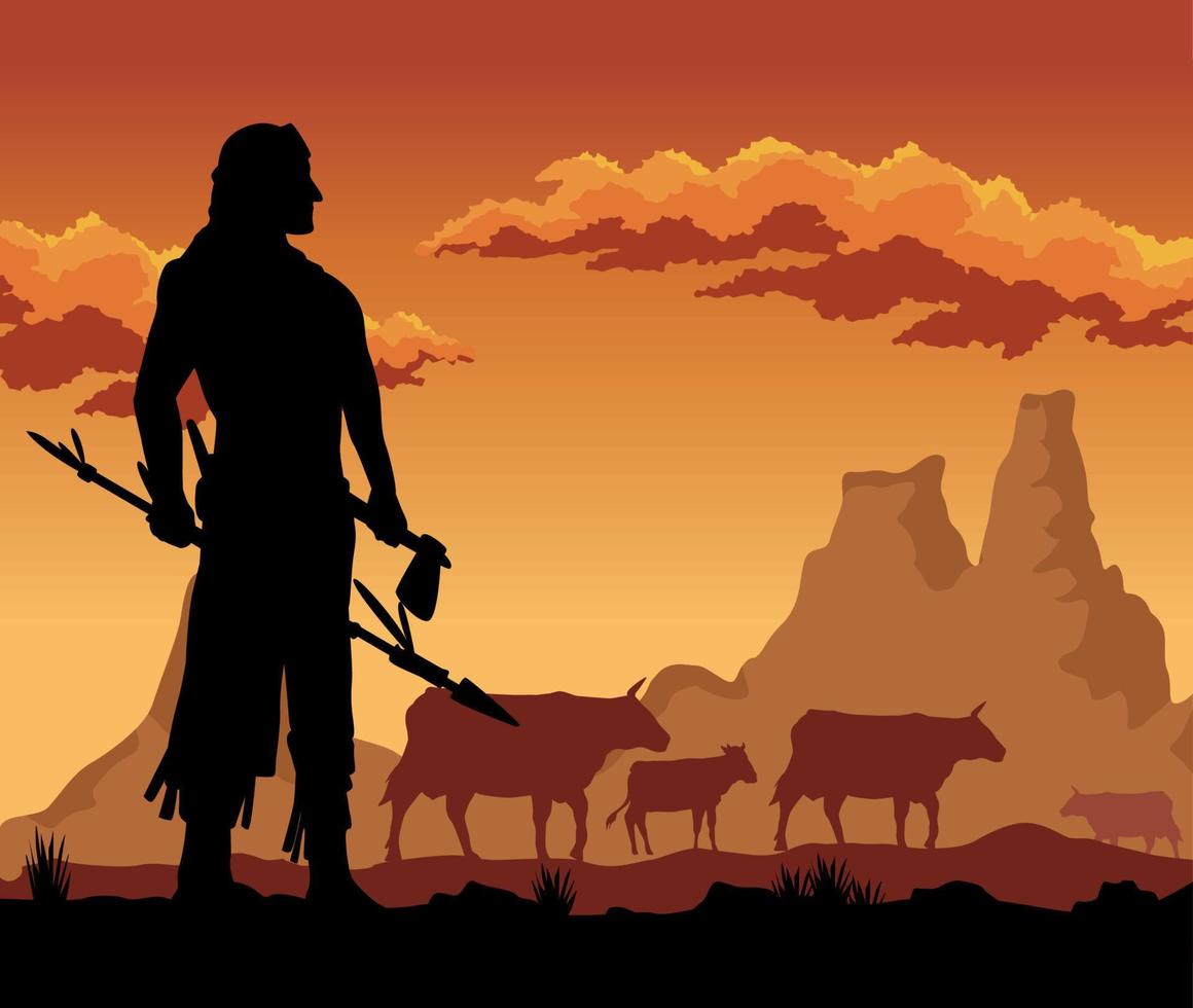 native with cows sunset vector