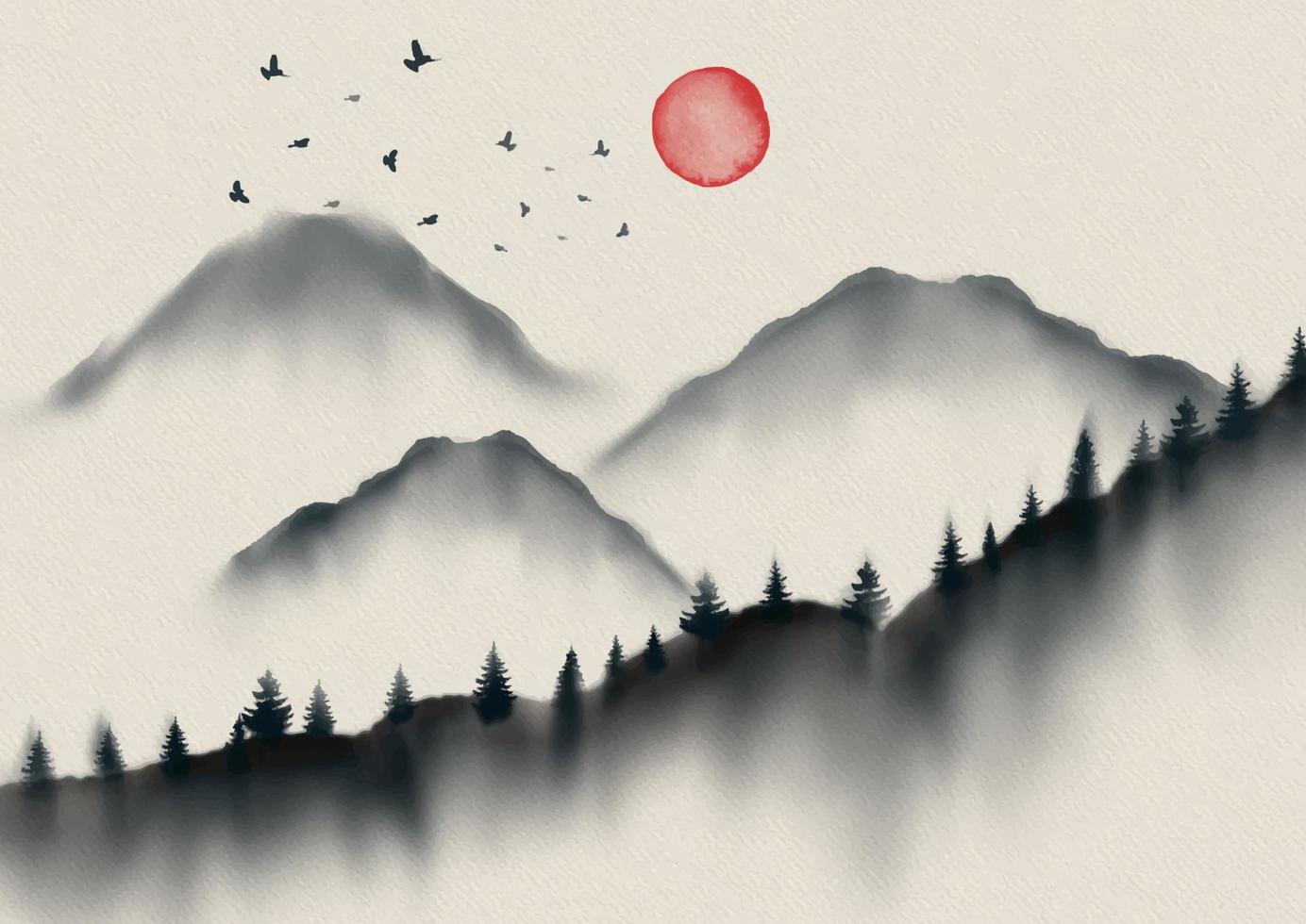 Hand painted landscape in traditional Japanese themed style vector