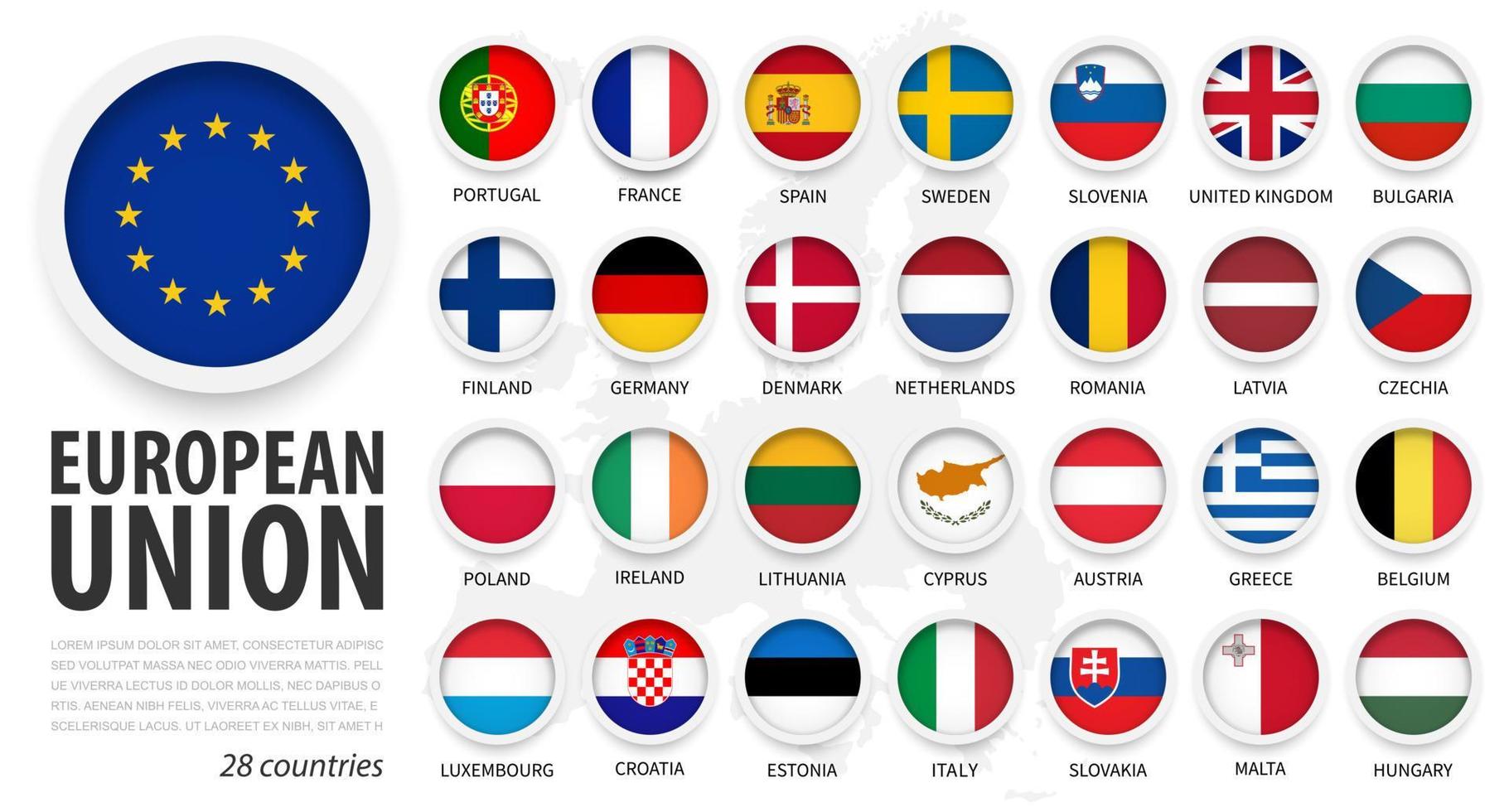 European union . EU and membership flags . Flat simple circle element design with white frame . Isolated background and europe map . Vector .
