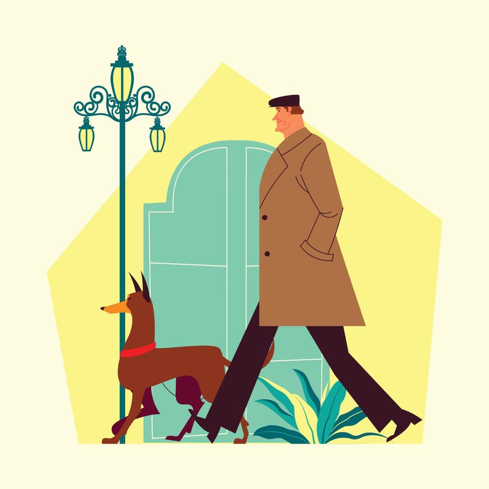 un hombre paseando con su perro vector