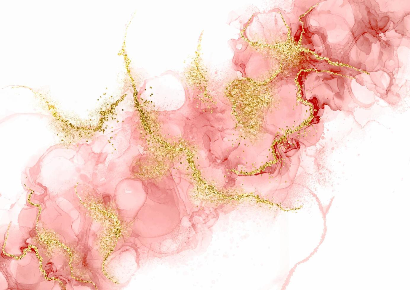 Pink alcohol ink background with gold glittery elements vector