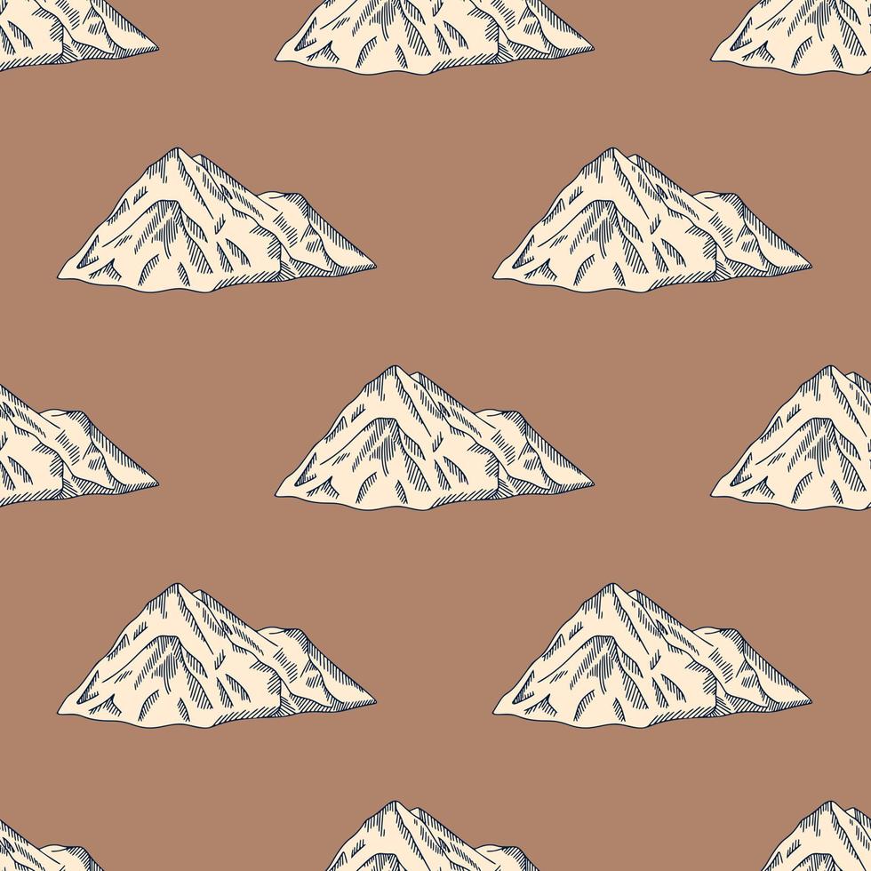 Mountain peak engraved seamless pattern. Vintage rock landscape in hand drawn style. vector