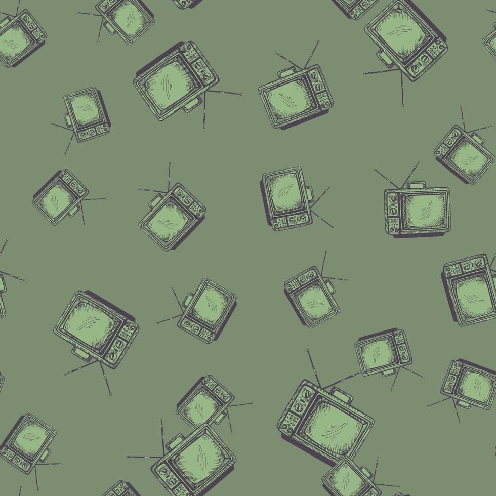 Retro TV with antenna engraved seamless pattern. Vintage television in hand drawn style. vector