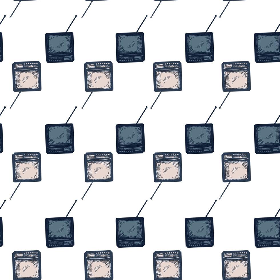 Retro TV with antenna engraved seamless pattern. Vintage television in hand drawn style. vector