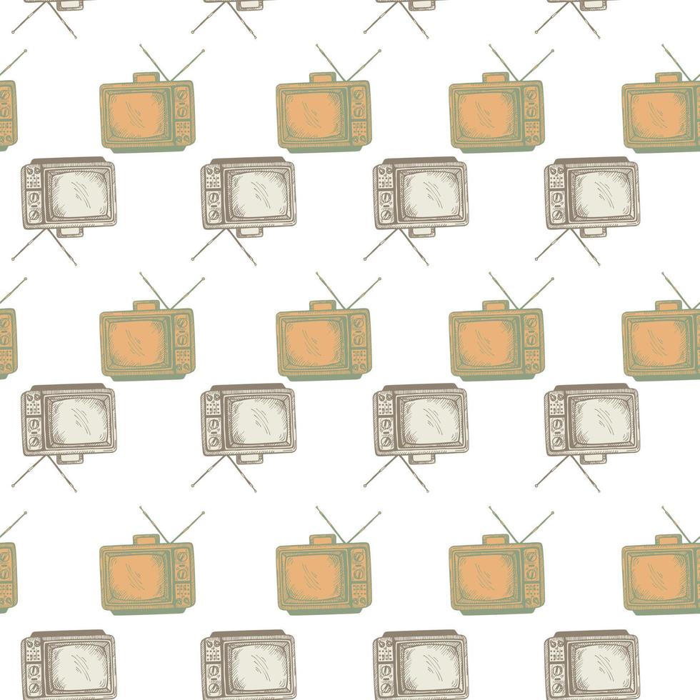 Retro TV with antenna engraved seamless pattern. Vintage television in hand drawn style. vector