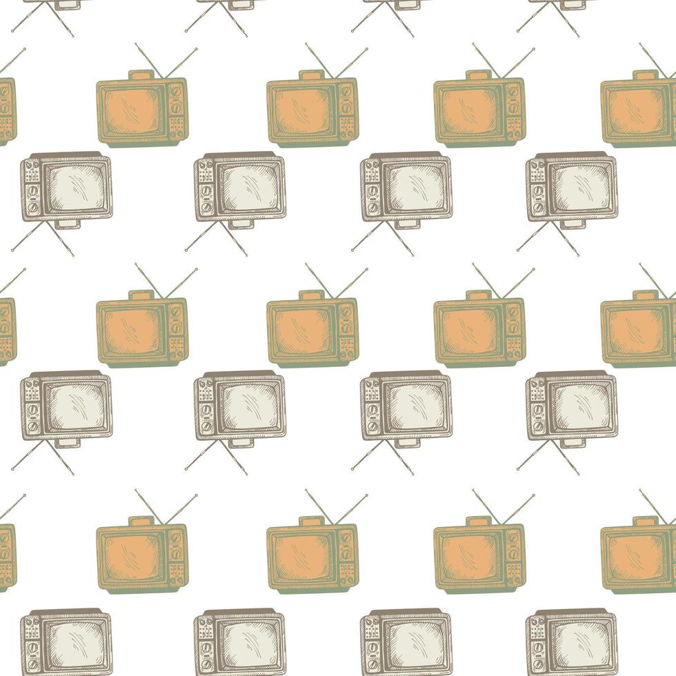 Retro TV with antenna engraved seamless pattern. Vintage television in hand drawn style. vector