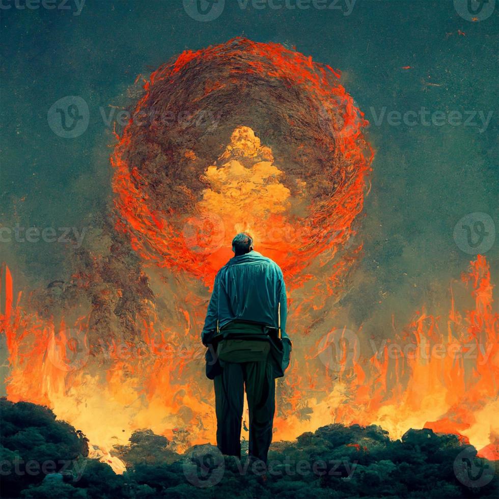 man staring at heaven while on a burning earth 10508437 Stock Photo at