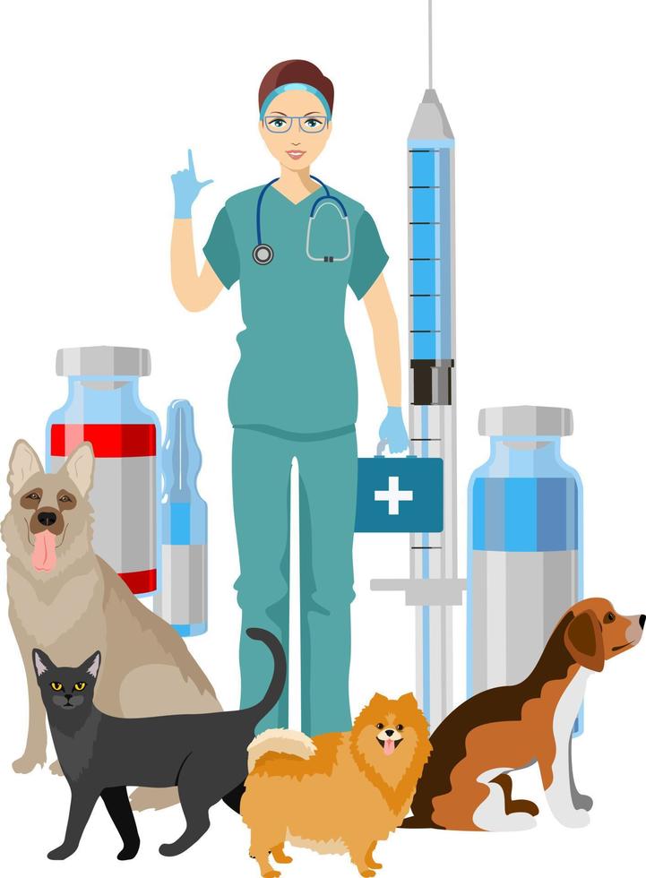 Pet veterinarian. Veterinary doctor checking and treating animals. Idea of pet care. Veterinarian dogs cat characters vector