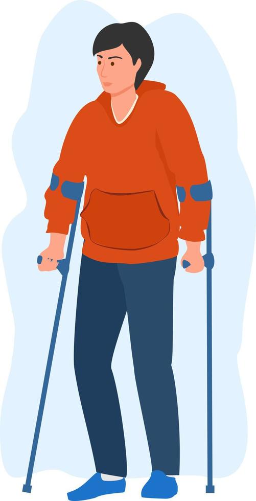 Man is sick and using crutches. Cartoon male with crutches. Health insurance client character. Injury, trauma. Active sports, car crash accident effect vector