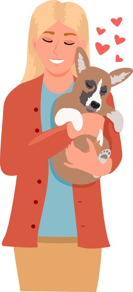 Girl petting dog. Young woman hugging dog pet vector illustration. Happy girl with puppi image, domestic animal play owners best friends