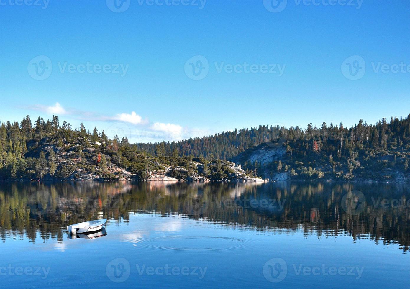 Blue Sky Over Forest and Lake with White Boat photo