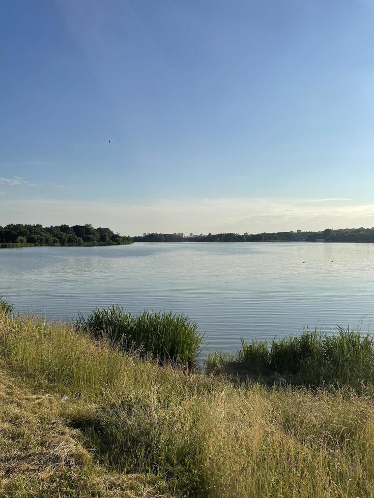 tranquilo lago azul contra un cielo despejado. lago en bosque verde foto