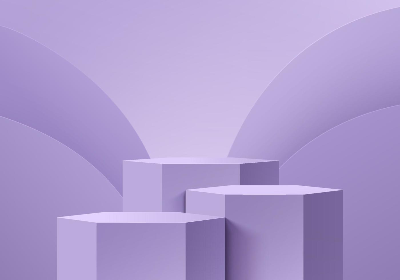 soporte hexagonal 3d púrpura realista o conjunto de podio con fondo de capas de forma de curva redonda. escena mínima pastel para exhibición de productos, exhibición de promoción. plataforma de sala de estudio abstracto vectorial. vector