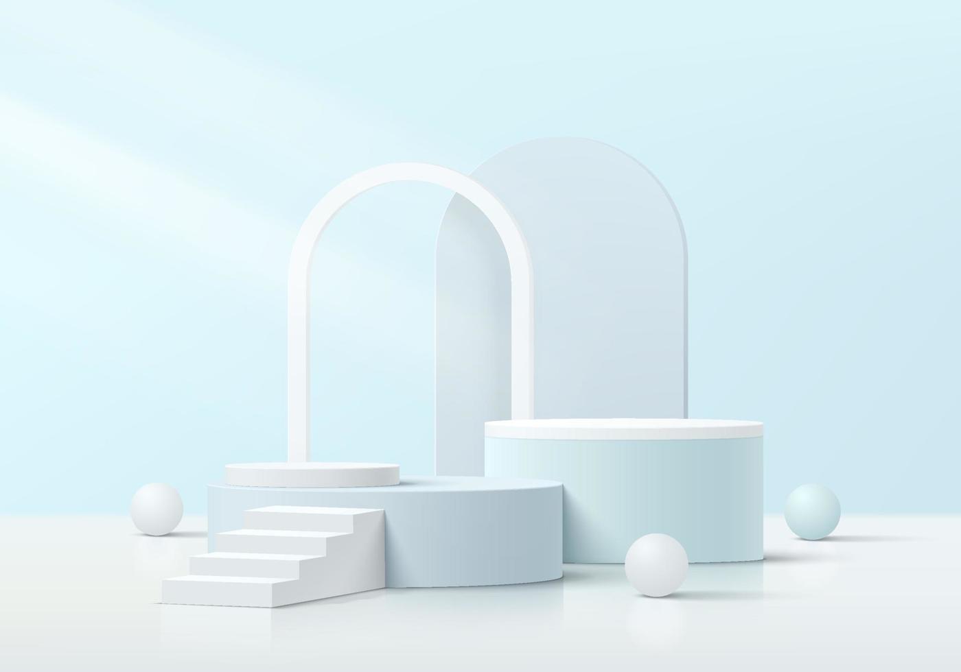 Realistic 3D blue and white cylinder pedestal podium set with stair, balls and arch shape background. Abstract minimal scene for products showcase, Promotion display. Vector geometric form design.